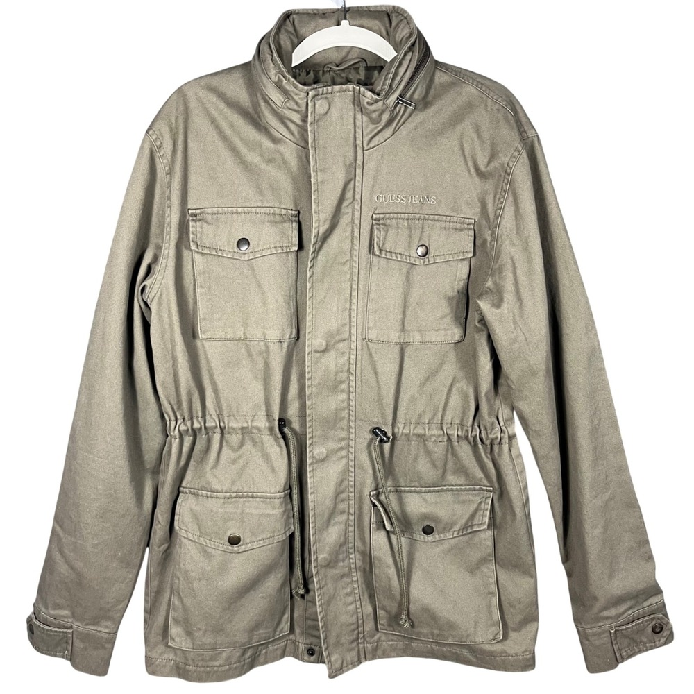 Guess Field Jacket Mens Small Olive Green Military Utility Packable Hood Cotton